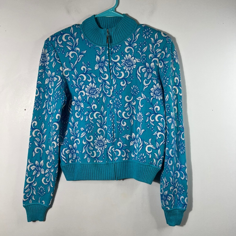 Vintage St. John Turquoise Floral Wool Blend Full Zip Cardigan Sweater Small